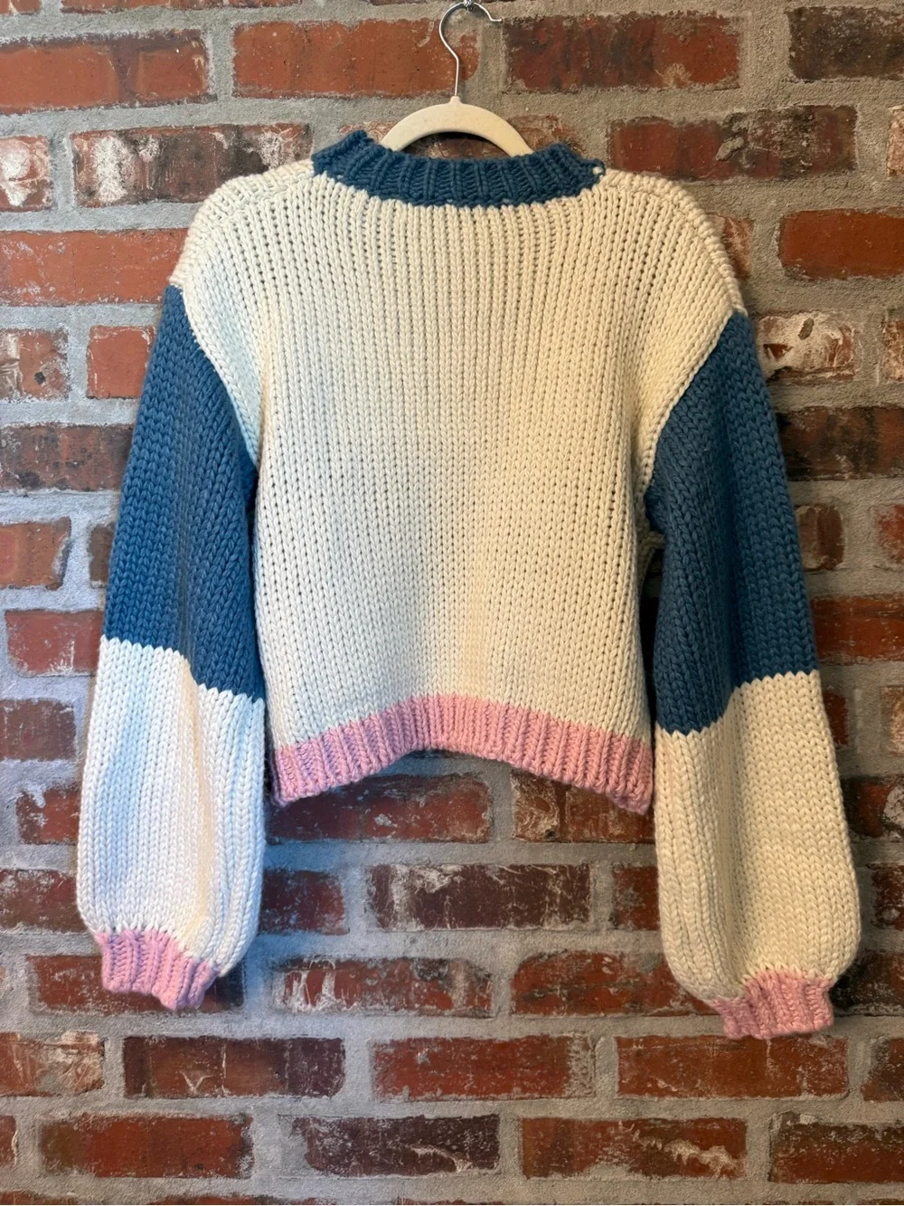 S47 - Altar'd State Cream, Blue & Pink Colorblock Crewneck Sweater